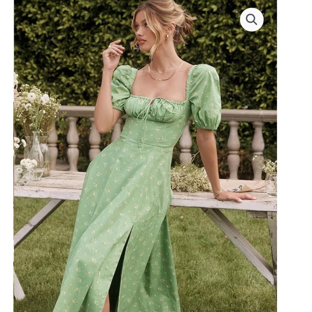 HouseofCB Tallulah OLIVE FLORAL PUFF SLEEVE MIDI DRESS - XS